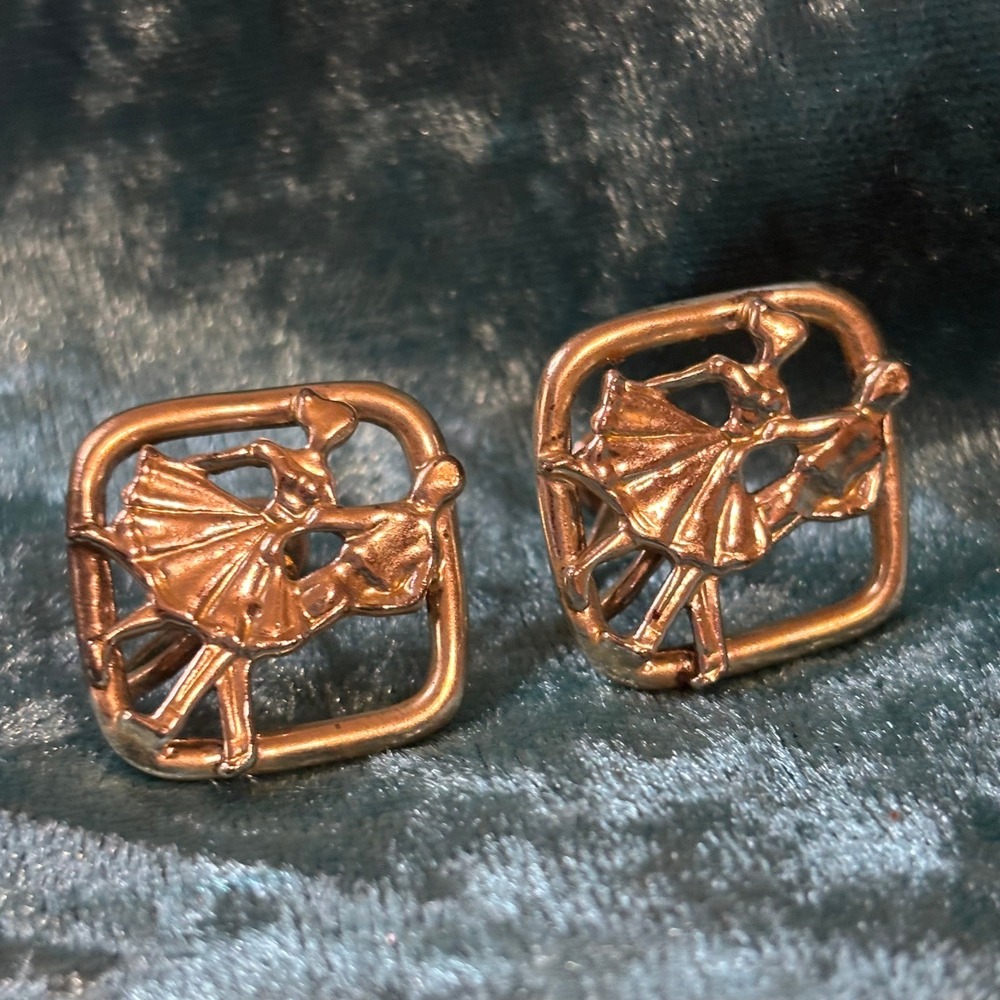 Vintage Silver Tone Square Dancing Couple Screw Back Earrings 1950s Clip
